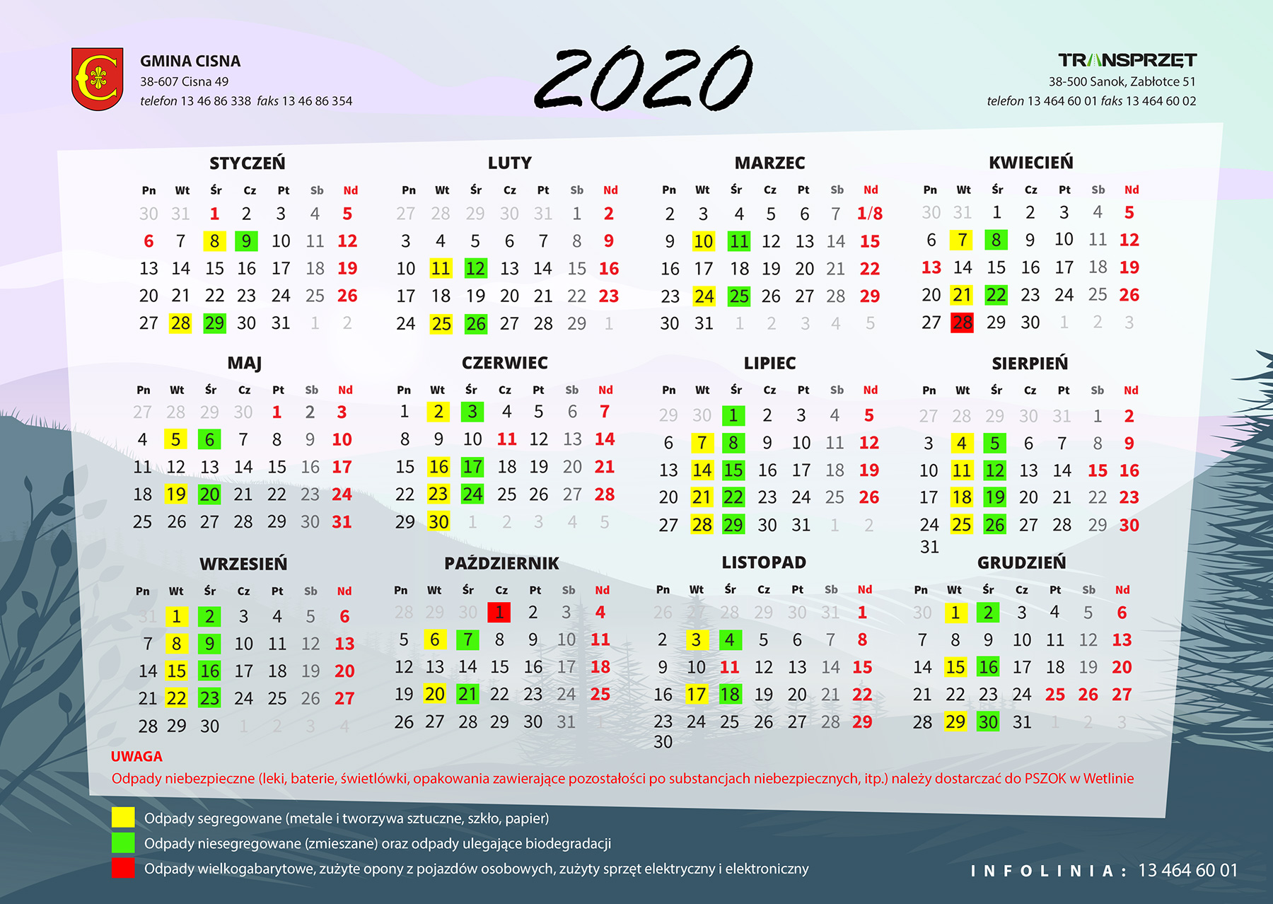 harmonogram odbioru odpadów komunalnych w 2020 roku